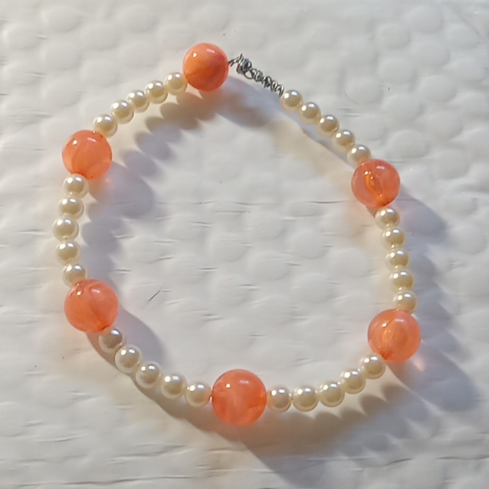 Pearl and Orange Bracelet Beaded Handmade